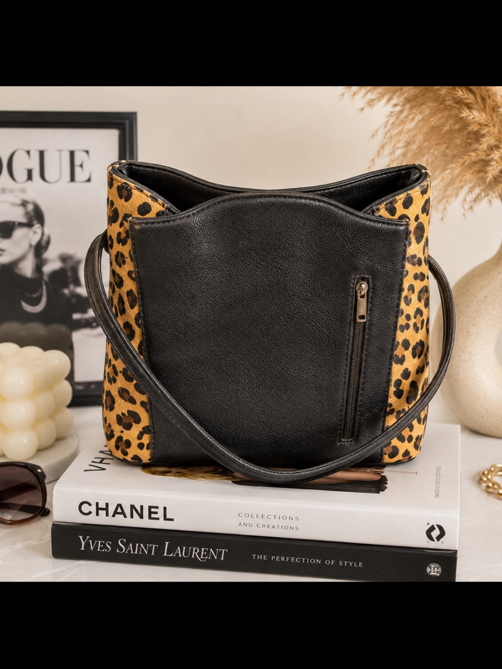 Y2K Leopard Print Faux Leather Shoulder Bag Zebra Lining Statement Purse